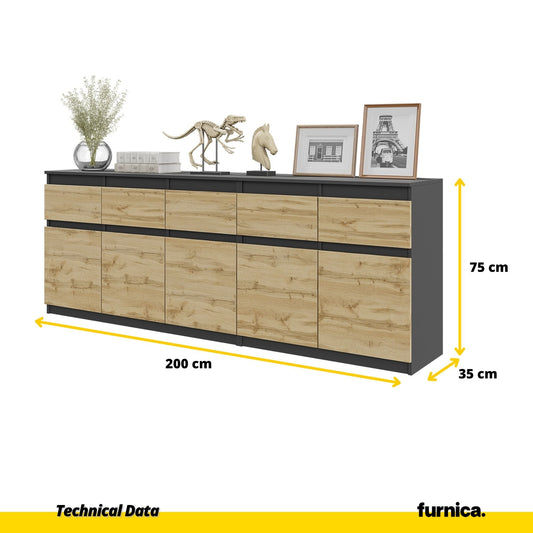 NOAH - Cassettiera a 5 cassetti e 5 ante - Credenza per camera da letto - Antracite / Rovere Wotan H75cm L200cm P35cm