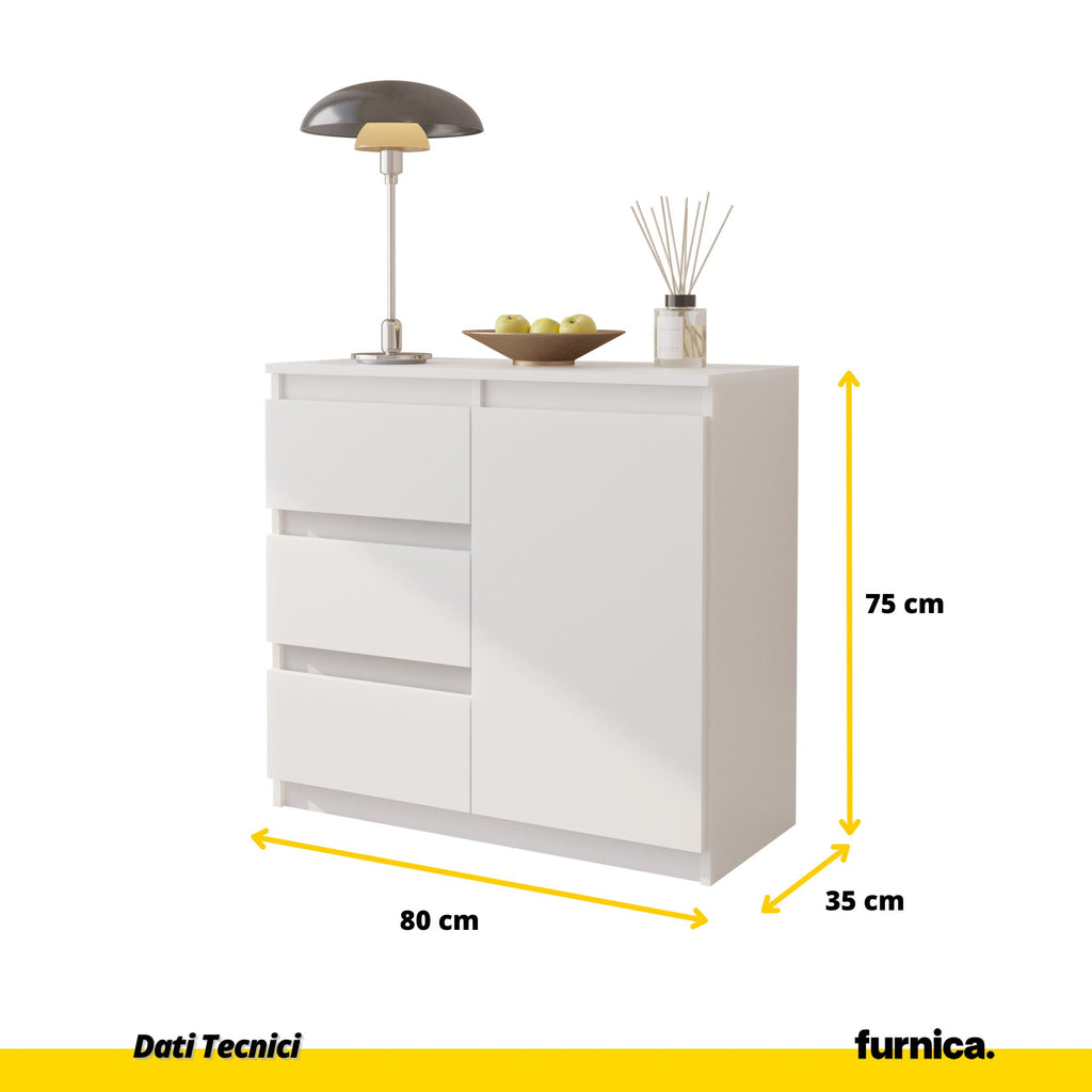 MIKEL - Cassettiera con 3 cassetti e 1 anta - Credenza per camera da letto - Bianco Opaco