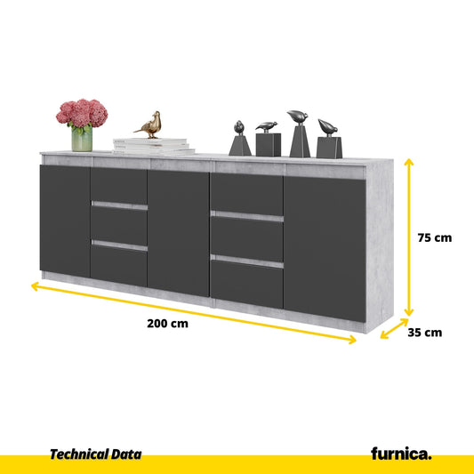 MIKEL - Cassettone con 6 cassetti e 3 ante - Credenza per camera da letto - Calcestruzzo / Antracite H75cm L200cm P35cm