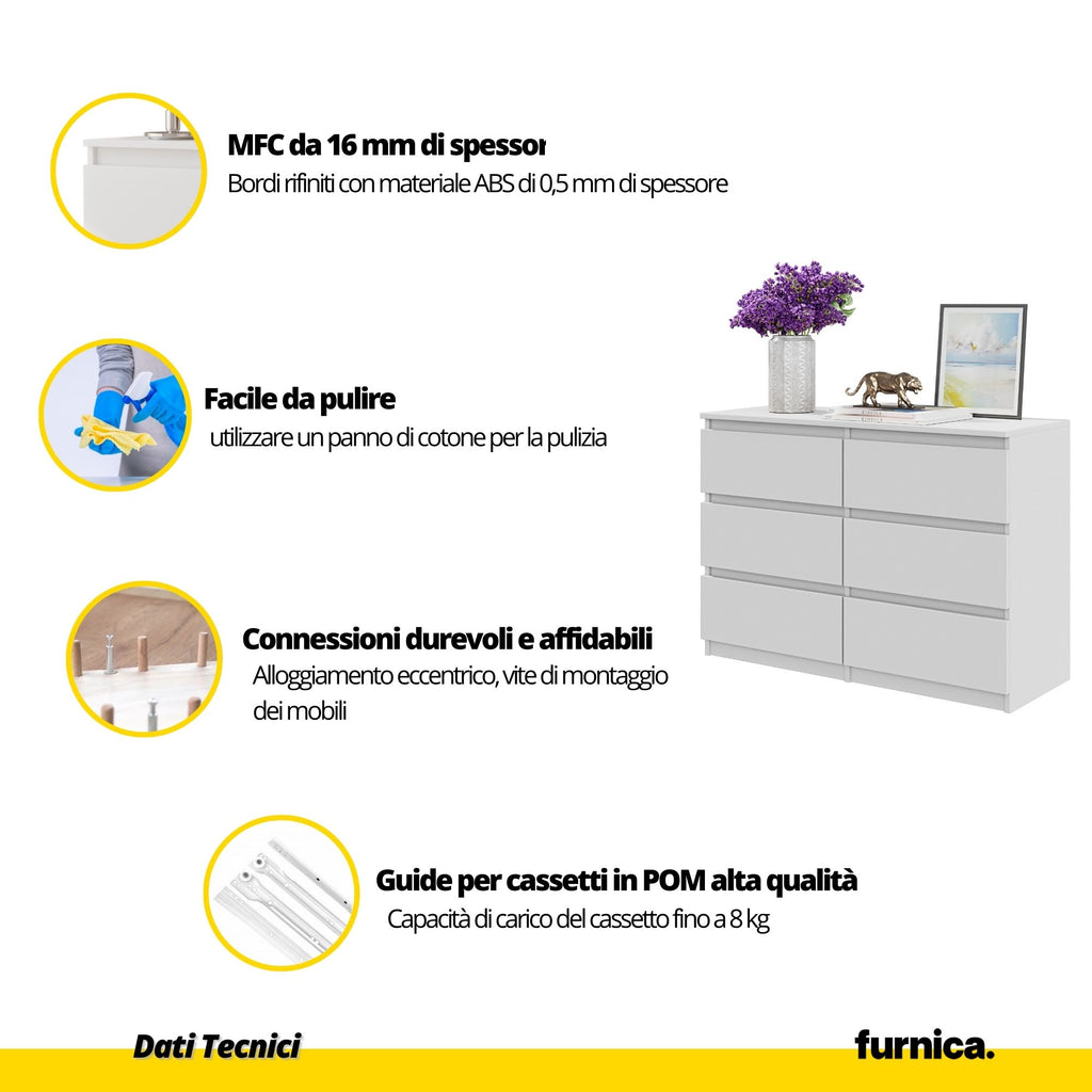 GABRIEL - Cassettiera a 6 cassetti - Credenza per camera da letto - Bianco opaco / Bianco lucido