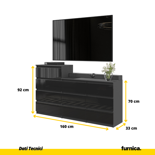 GABRIEL - Cassettiera a 10 cassetti (6+4) - H92/70 cm L160 cm P33 cm - Anthracite / Nero Lucido