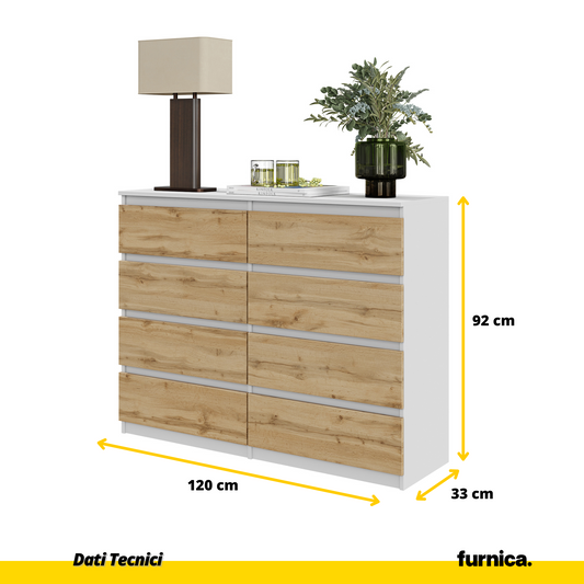 GABRIEL - Cassettiera a 8 cassetti - Credenza per camera da letto - Bianco opaco / Rovere Wotan