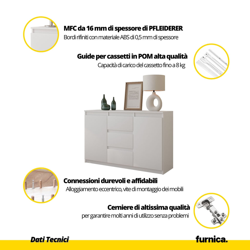 MIKEL - Cassettiera con 3 cassetti e 2 ante - Credenza per camera da letto - Bianco Opaco / Bianco Lucido
