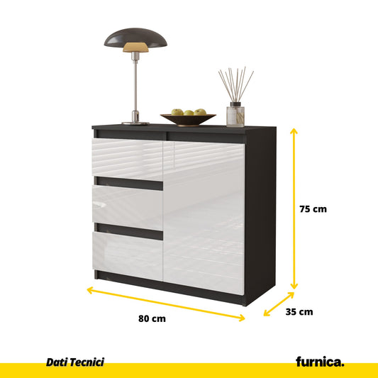 MIKEL - Cassettiera con 3 cassetti e 1 anta - Credenza per camera da letto - Antracite / Bianco Lucido