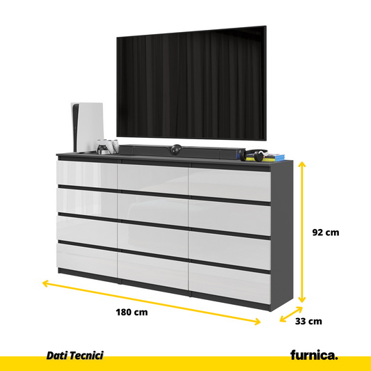 GABRIEL - Cassettiera a 12 cassetti (8+4) - Credenza per camera da letto - Antracite / Bianco Opaco