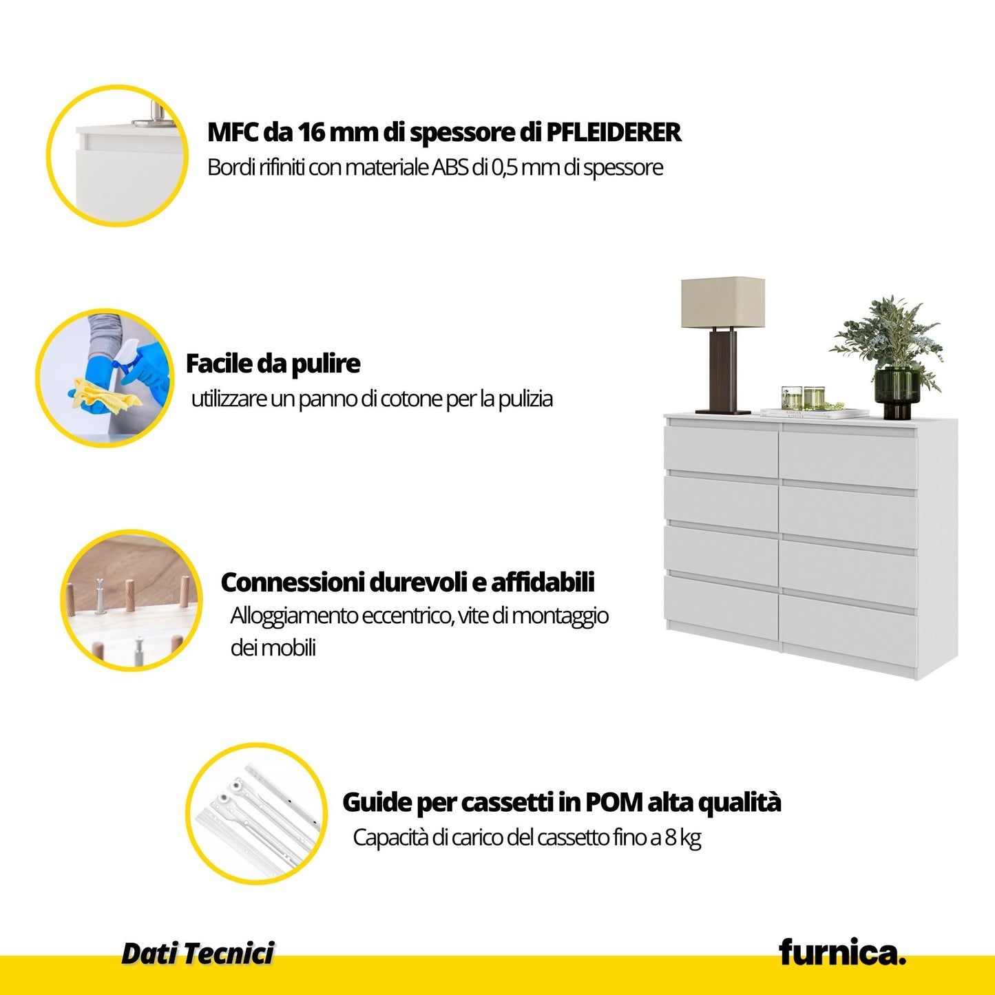 GABRIEL - Cassettiera a 8 cassetti - Credenza per camera da letto - Bianco opaco