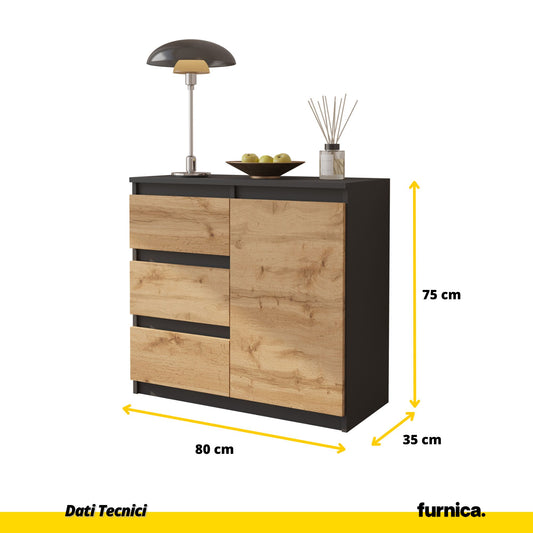 MIKEL - Cassettone con 3 cassetti e 1 anta - Credenza per camera da letto - Antracite / Rovere Wotan