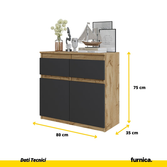 NOAH - Cassettone con 2 cassetti e 2 ante - Credenza per camera da letto - Quercia Wotan / Antracite
