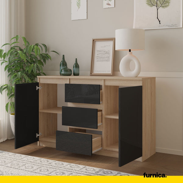 Credenza PHOENIX 140 cm con 3 ante e 3 cassetti in legno e bianco