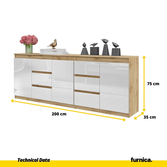 MIKEL - Cassettiera a 6 cassetti e 3 ante - Credenza per camera da letto - Rovere Wotan / Bianco Lucido H75cm L200cm P35cm