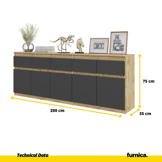 NOAH - Cassettiera a 5 cassetti e 5 ante - Credenza per camera da letto - Rovere Wotan / Antracite H75cm L200cm P35cm