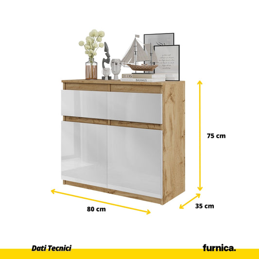 NOAH - Cassettiera con 2 cassetti e 2 ante - Credenza per camera da letto - Quercia Wotan / Bianco Lucido