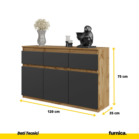 NOAH - Cassettiera a 3 cassetti e 3 ante - Credenza per camera da letto - Quercia Wotan / Antracite