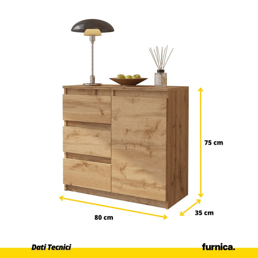 MIKEL - Cassettiera con 3 cassetti e 1 anta - Credenza per camera da letto - Quercia Wotan