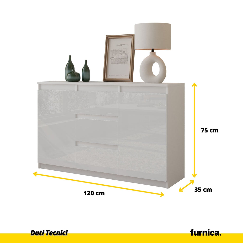 MIKEL - Cassettiera con 3 cassetti e 2 ante - Credenza per camera da letto - Bianco Opaco / Bianco Lucido