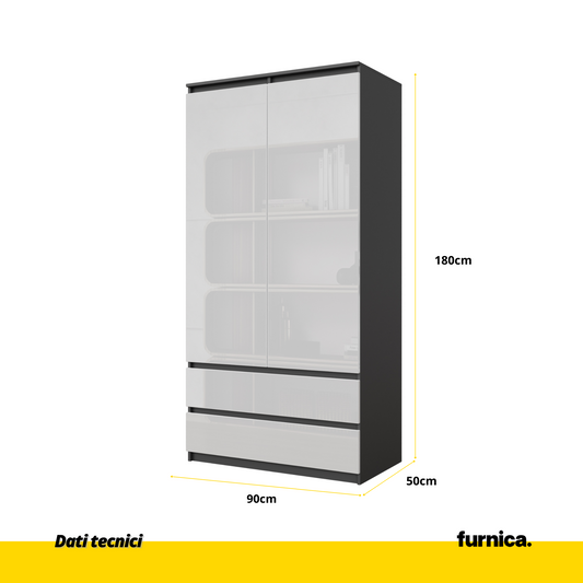 JOELLE - Armadio a 2 ante con 2 cassetti - Antracite / Bianco lucido H180cm L90cm P50cm