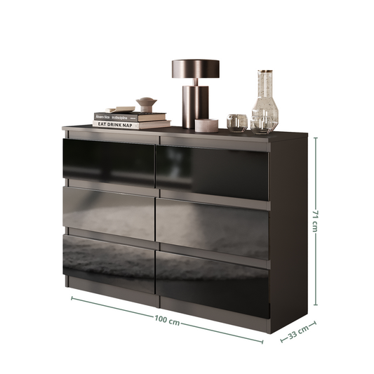 GABRIEL - Cassettiera a 6 cassetti - Credenza per camera da letto - Antracite / Nero lucido