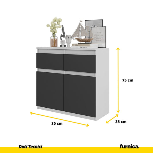 NOAH - Cassettiera con 2 cassetti e 2 ante - Credenza per camera da letto - Bianco Opaco / Antracite