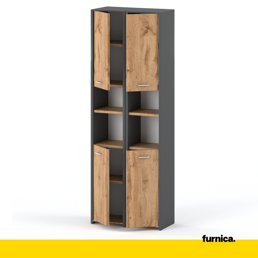 EMMA - Mobile bagno doppio con ante e ripiani - Antracite / Rovere Wotan H165cm L60cm P30cm
