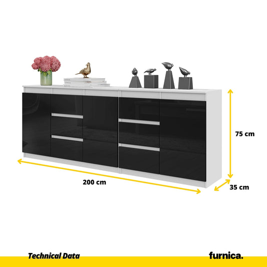 MIKEL - Cassettiera con 6 cassetti e 3 ante - Credenza per camera da letto - Bianco Opaco / Nero Lucido H75cm L200cm P35cm