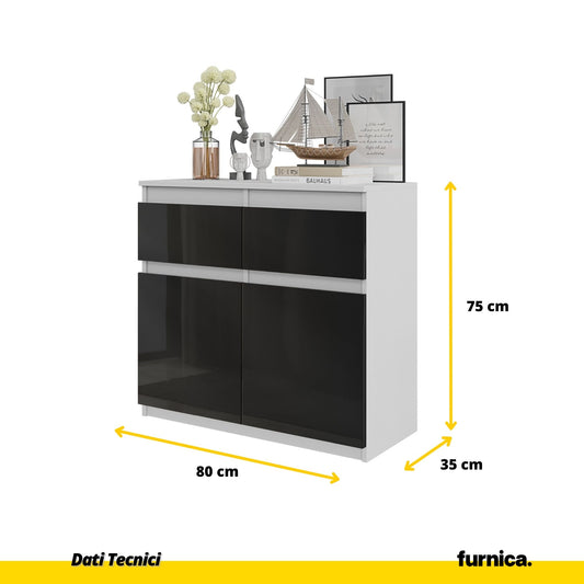 NOAH - Cassettiera con 2 cassetti e 2 ante - Credenza per camera da letto - Bianco Opaco / Nero Lucido