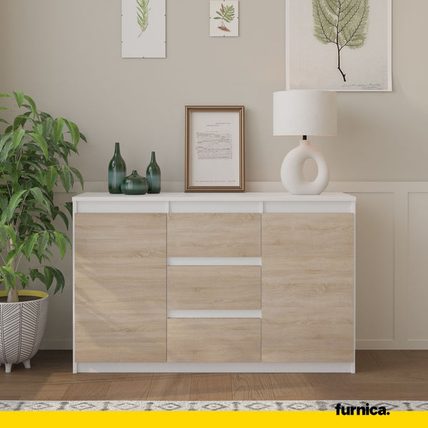 MIKEL - Cassettone con 3 cassetti e 2 ante - Credenza per camera da letto -  Bianco opaco / Rovere Sonoma - Furnica