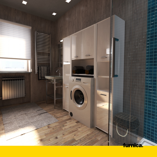Set di armadietti da bagno EMMA con ante e ripiani - Bianco opaco / Bianco lucido H165cm L124cm P30cm