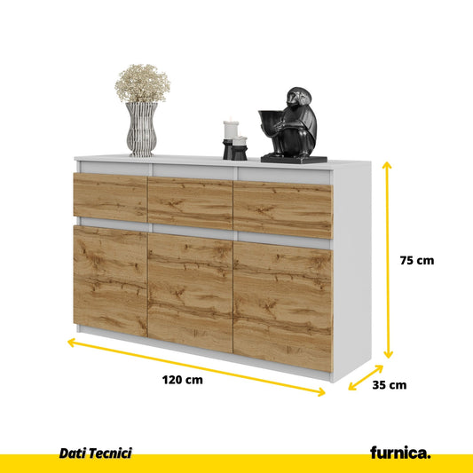 NOAH - Cassettiera a 3 cassetti e 3 ante - Credenza per camera da letto - Bianco Opaco / Quercia di Wotan
