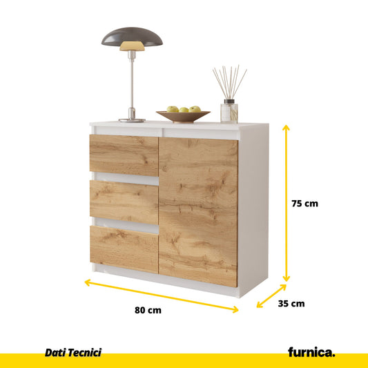 MIKEL - Cassettiera con 3 cassetti e 1 anta - Credenza per camera da letto - Bianco Opaco / Rovere Wotan