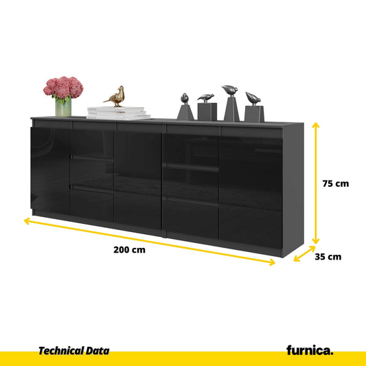 MIKEL - Cassettiera a 6 cassetti e 3 ante - Credenza per camera da letto - Antracite / Nero Lucido H75cm L200cm P35cm