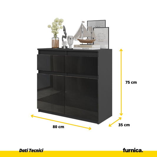 NOAH - Cassettiera con 2 cassetti e 2 ante - Credenza per camera da letto - Antracite / Nero Lucido
