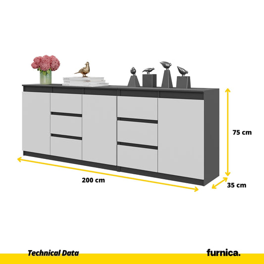 MIKEL - Cassettiera a 6 cassetti e 3 ante - Credenza per camera da letto - Antracite / Bianco Opaco H75cm L200cm P35cm