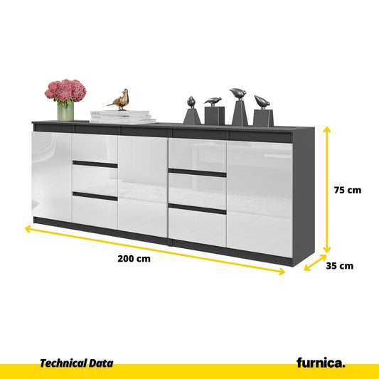 MIKEL - Cassettiera a 6 cassetti e 3 ante - Credenza per camera da letto - Antracite / Bianco Lucido H75cm L200cm P35cm