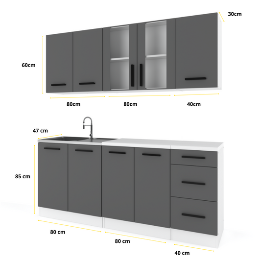 GONZO - Set cucina - Antracite / Rovere Wotan con piano di lavoro - 6 unità - 200 cm
