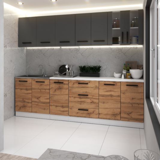 RENO - Set cucina - Rovere Wotan / Antracite con piano di lavoro - 8 unità - 260 cm