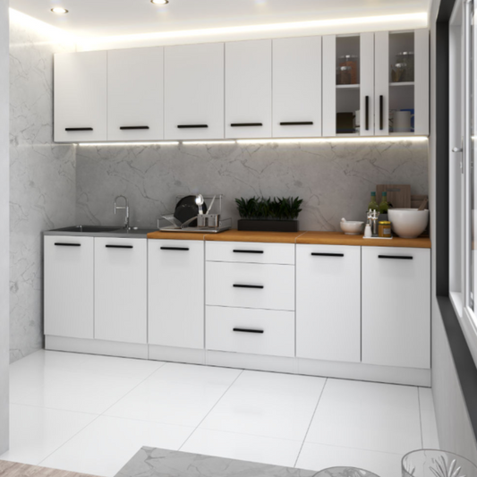 RENO - Set cucina - Bianco opaco con piano di lavoro - 8 unità - 260 cm