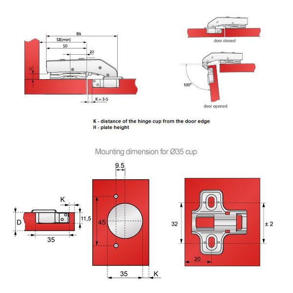 110° Cerniera per mobili ammortizzate, H2 con EURO Viti, Porte parallele -  Furnica