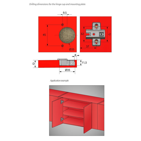 110° Cerniera per mobili, H2 con viti EURO, Porte parallele - Furnica