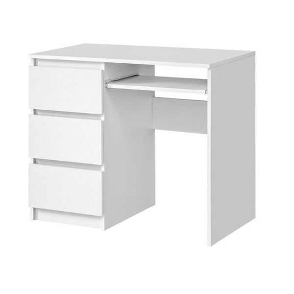 BRUNO - Scrivania per computer con 3 cassetti e vassoio per tastiera H76cm  L90cm P50cm Sinistra - Bianco Opaco - Furnica