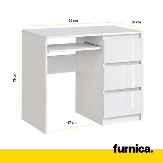 BRUNO - Scrivania per computer con 3 cassetti e vassoio per tastiera H76cm L90cm P50cm Destra - Bianco / Bianco lucido