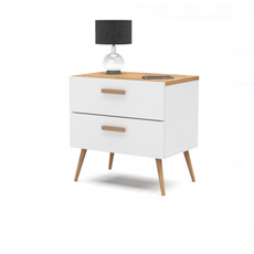 INGRID - Comodino scandinavo - Comodino con 2 cassetti - Bianco opaco / Rovere Wotan