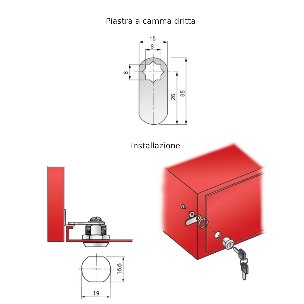 Serratura per cassetta postale con piastra a camma diritta 19x30mm, Cromo