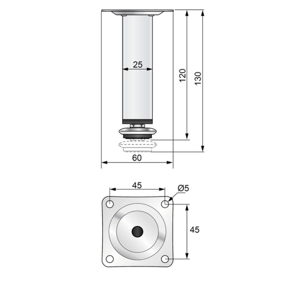 Piedini per Mobili regolabili 25x25mm - Altezza 120mm Cromo