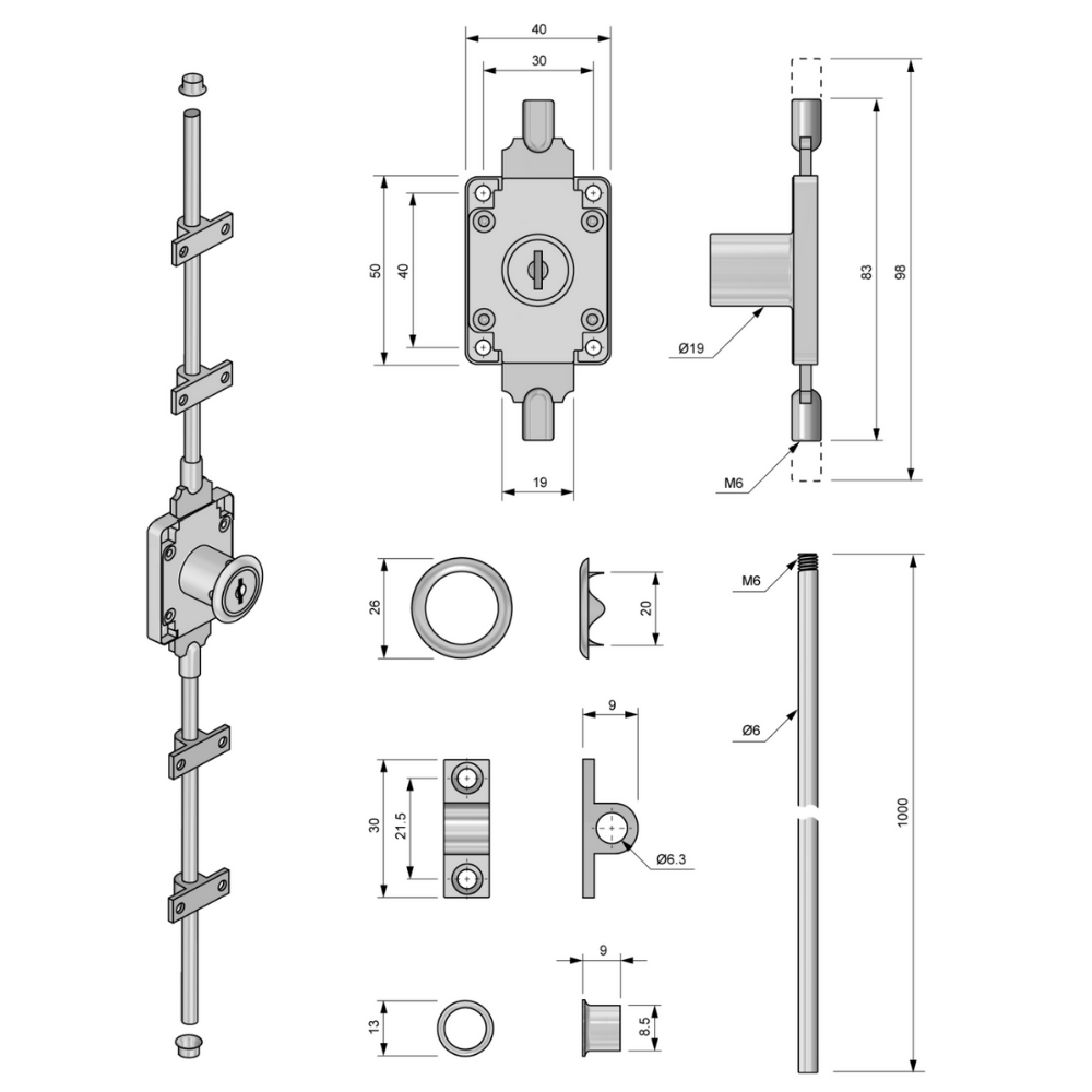 Serratura a barra allungabile 19x22mm, 2 barre L-1000mm