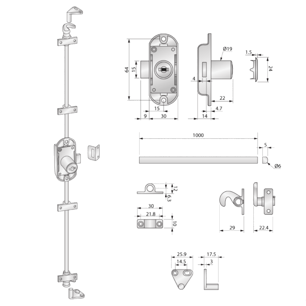 Serratura ad aste rotanti 19x22mm - 2 Barre Lunghezza 1000mm