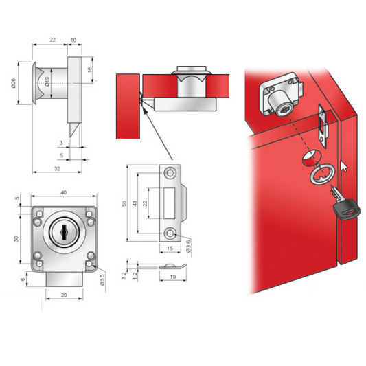 Serratura a scatto per mobili 19x22mm - Cromo