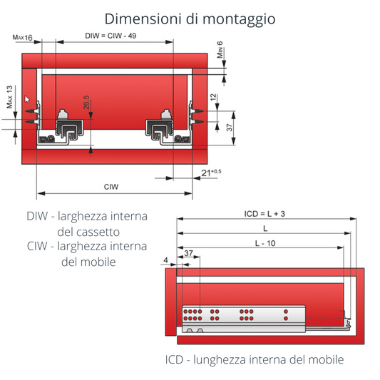 Sistemi per cassetti ammortizzate estrazione totale (sinistra e destra) 270mm