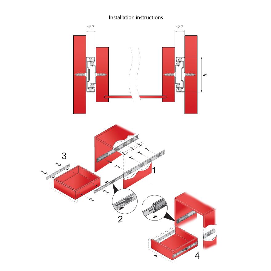 Guide per cassetti autoscaricamento 300mm - H45 (sinistra e destra) Furnica