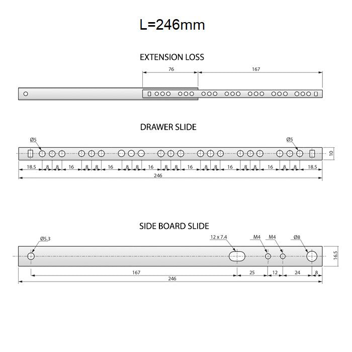 Guide per cassetti con cuscinetti a sfera 246mm - H17 (sinistra e destra)