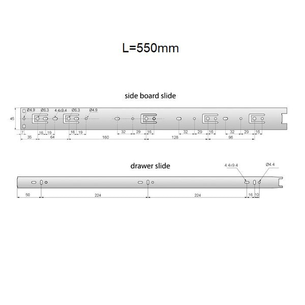 Kit guide per cassetti, a sfera, 45x 450 mm, estrazione totale